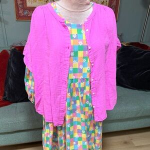 GAP Bright Pink Women's button down short sleeve puckered Blouse Top L